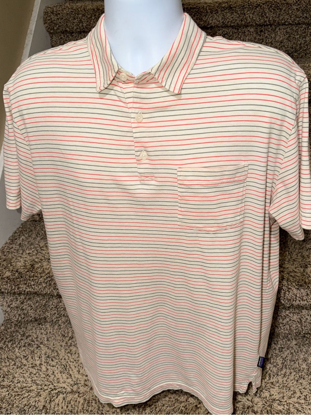 Bright striped *Patagonia* organic cotton men’s casual golf polo shirt - L